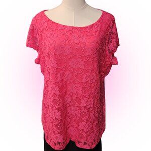 HOT PINK LACE OVERLAY WOMEN'S T-SHIRT BLOUSE EUC 2X XXL